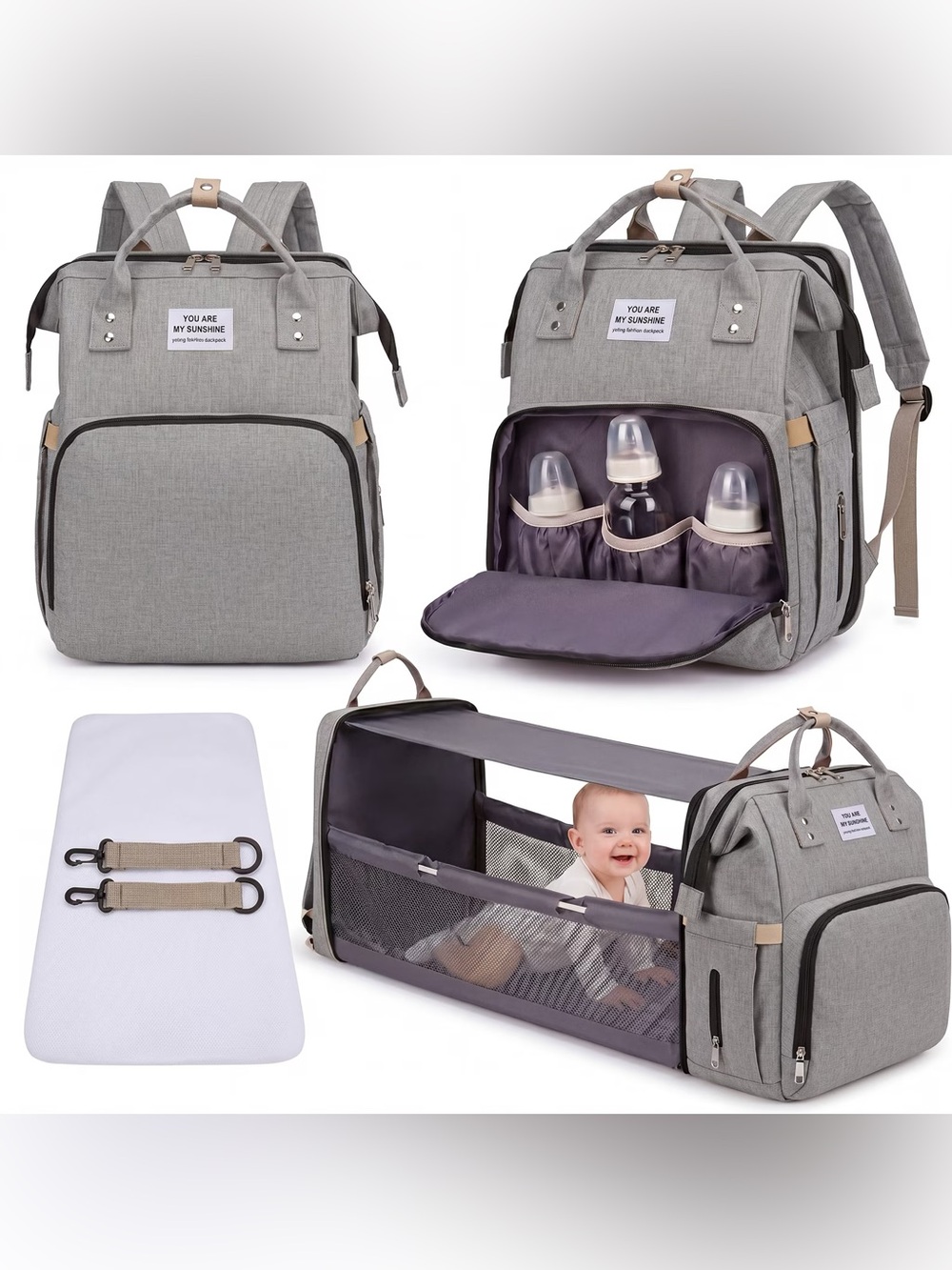 Kailwokk Brand New Gray Convertible Diaper Backpack with Portable Bassinet